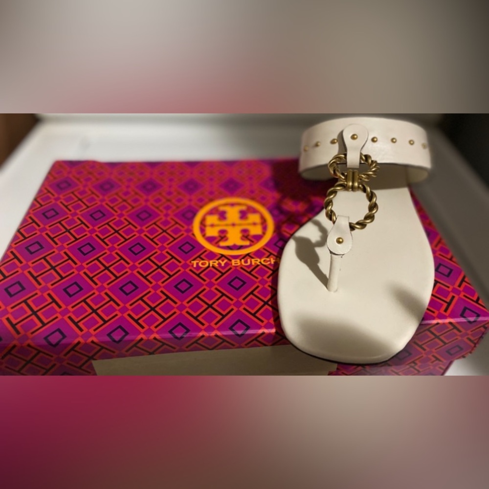 Tory Burch Cream Sandals with Gold Chain